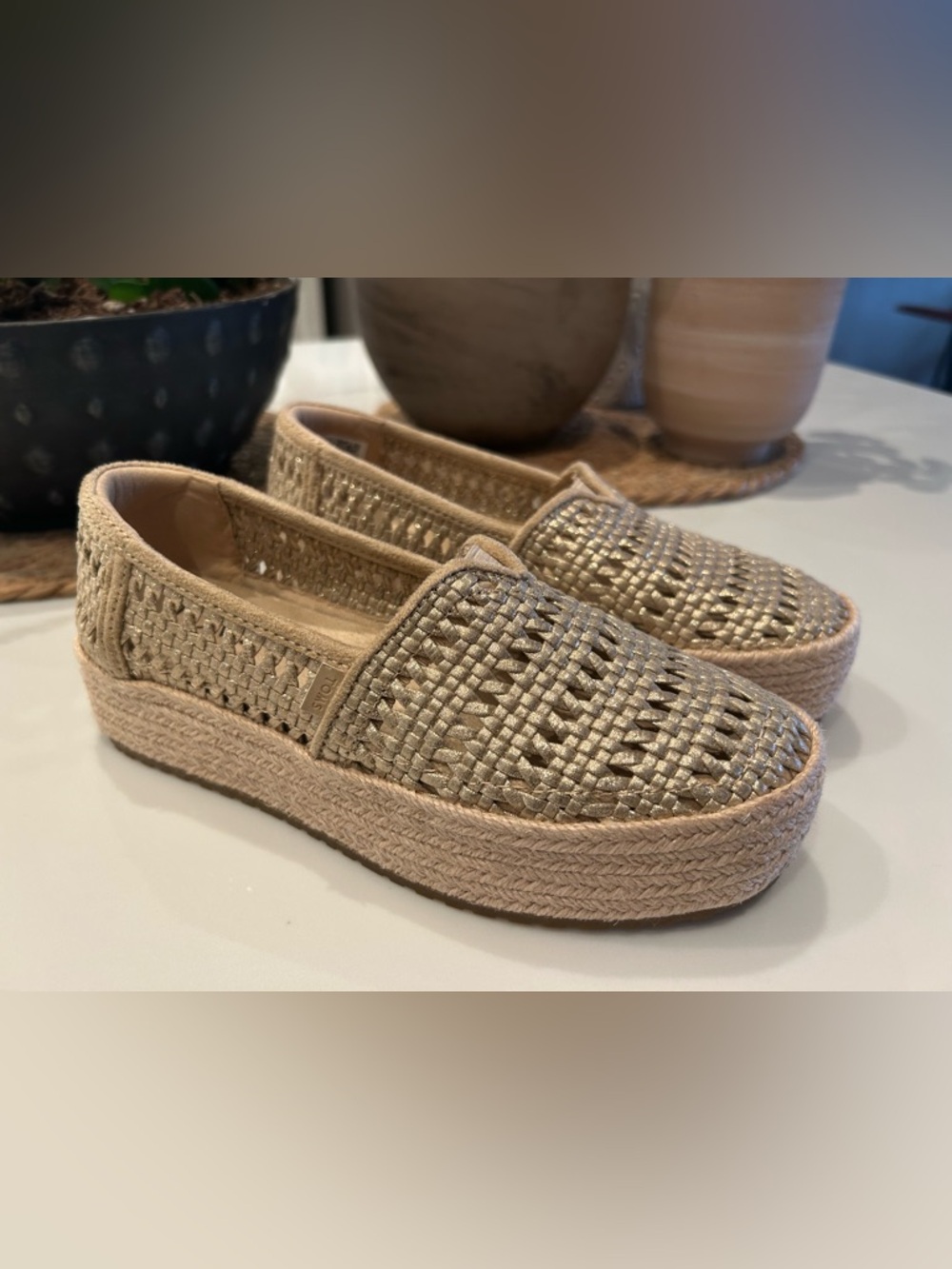 Toms Valencia Platform Espadrille Slip-On in Metallic Beige